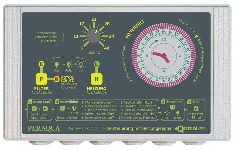 Регулятор нагревательного фильтра с ручной настройкой температуры бассейна, без защиты двигателя, с датчиком температуры из хромированной латуни d10 и погружной гильзой ½" PERAQUA iQntrol-P2 230 Бассейны